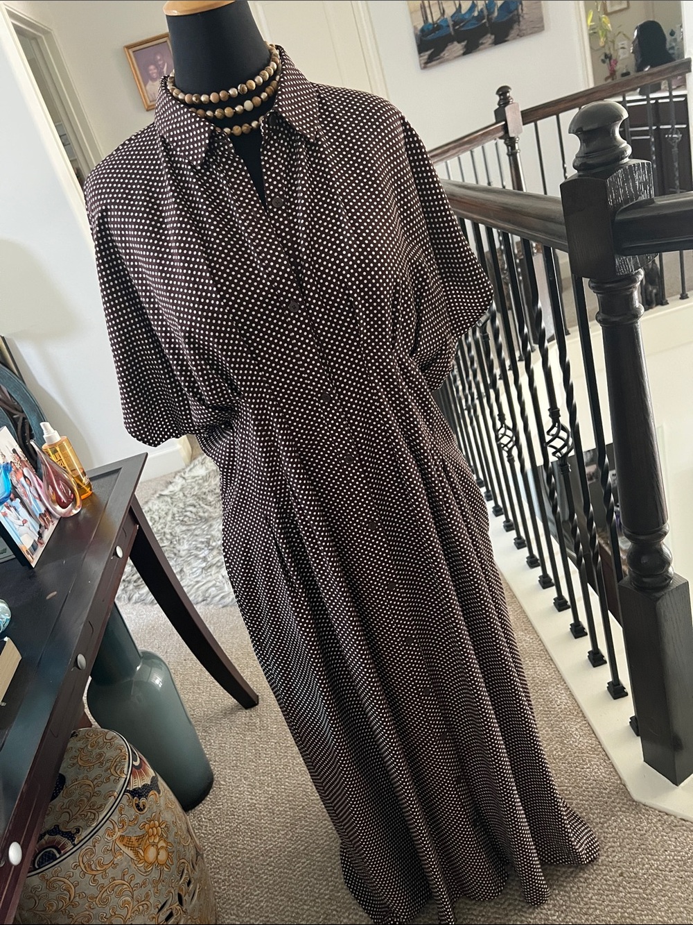 Polka Dot Button-Front Maxi Dress in Brown and White by Loft
